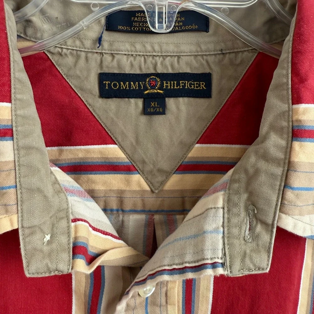 Tommy Hilfiger‎ XL Striped Button Up Shirt Red Tan Crest Logo 90s Y2K Cotton
